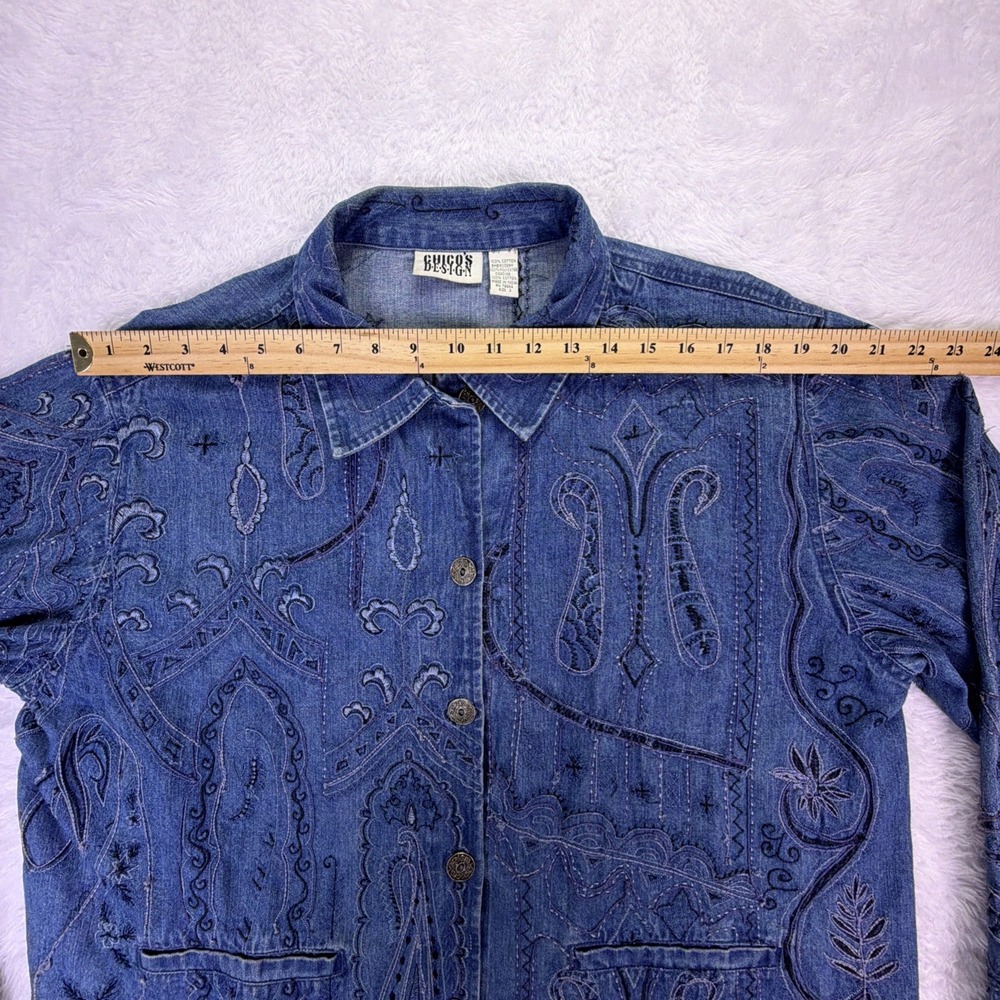 Vintage Chico Design Denim Jacket Embroidered Art 100%‎ Cotton Buttons Pockets - Picture 7 of 11